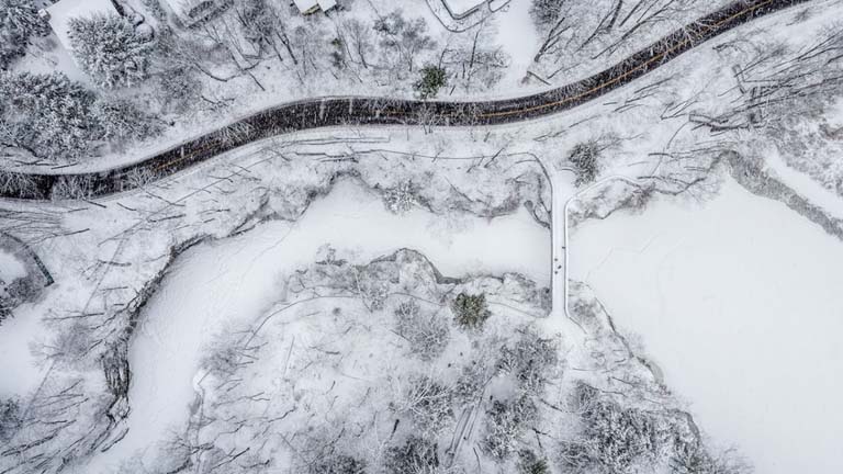 Aerial view snow day.