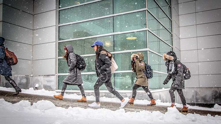Five female students walk across campus in the snow